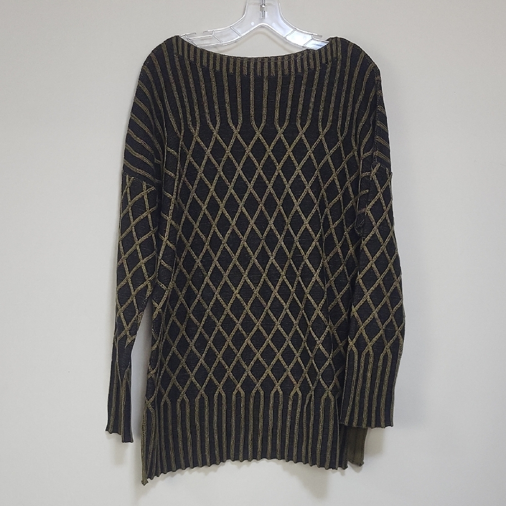 PERUVIAN CONNECTION Green Black Pima Cotton Boatneck Pullover Sweater